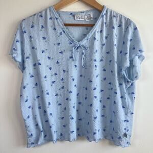 Vanity Fair Floral Lettuce Hem Cotton Top Shirt Blue V-Neck Bow Womens Large PJ